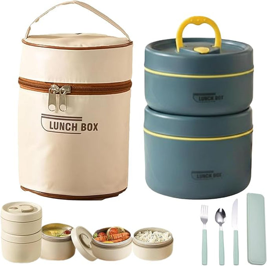 Portable Insulated Lunch Container Set, 4 Tier Separate Stackable Stainless Steel Lunch Container with Insulated Lunchs Bag, Bento Box Hot Food Lunch Containers to Microwave (Blue, 2-Tier)