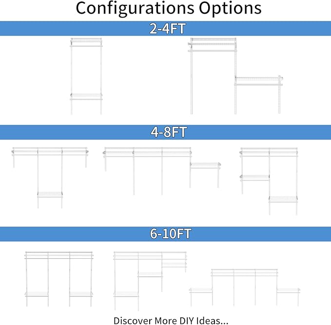 Metal Closet System 2-4FT, Adjustable Wire Shelving, Wall-mounted Closets Kit with Expandable Hanging Rod, DIY Organization Rack for Walk-in/Built-in Wardrobe of Bedroom, Laundry