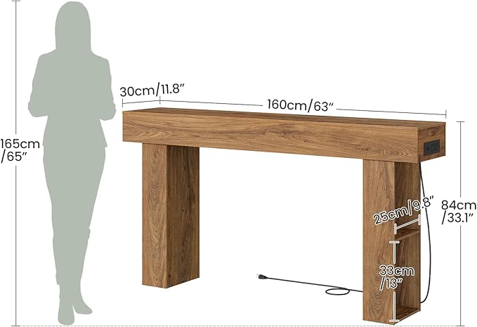 63" Long Console Table, Narrow Entryway Table with Charging Station and LED Lights, 2-Tier Farmhouse Behind Couch Table with Storage, for Entryway, Light Walnut and Black MXG04UJS