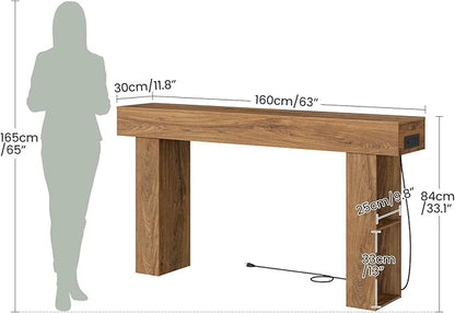 63" Long Console Table, Narrow Entryway Table with Charging Station and LED Lights, 2-Tier Farmhouse Behind Couch Table with Storage, for Entryway, Light Walnut and Black MXG04UJS