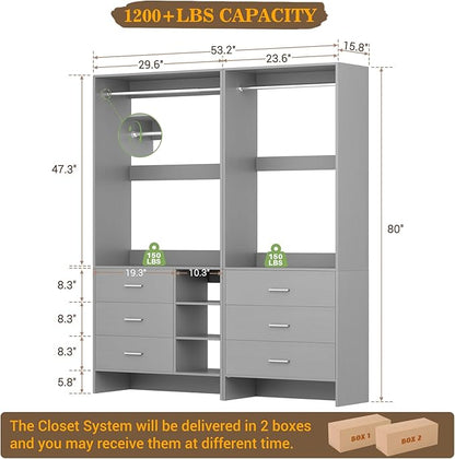Aheaplus Closet System with 6 Drawers, 4.5ft Wood Closet Organizer System, Walk-in Closet or Small Closets Wardrobe, Clothes Rack with Hanging Rods, Set of 2 Grey
