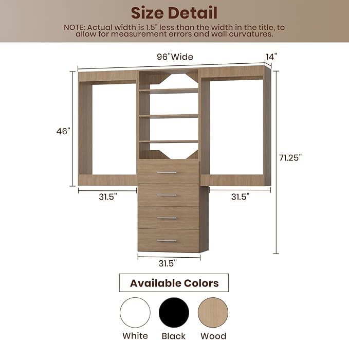 ROOMTEC Modular Closet System, 96" Wall-Mounted Closet Organizer with Drawers and Hanging Rods, Wooden Tower for Walk-In Closets, Wardrobe Storage Kit, Wood