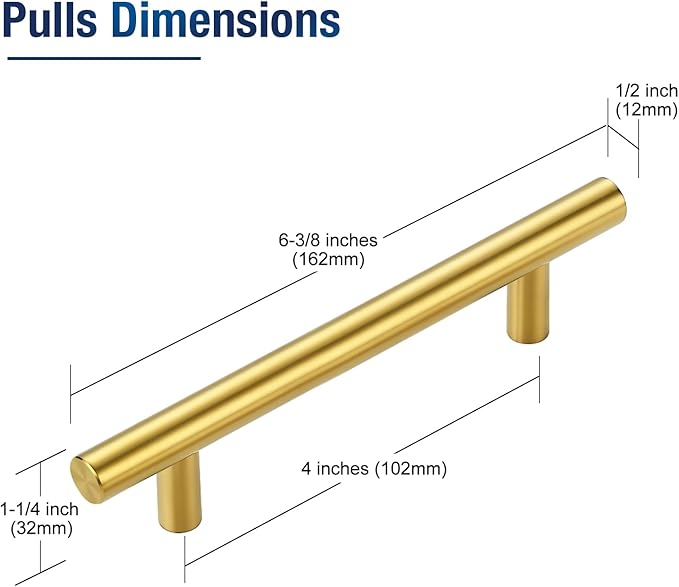 JOY DECOR 60 Pack 6-3/8 Inch Cabinet Pulls Kitchen Cabinet Handles with 4 Inch Hole Center Brushed Brass Cabinet Hardware Stainless Steel Kitchen Drawer Pulls for Cabinets Cupboard, 102mm Hole Centers