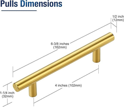 JOY DECOR 10 Pack 6-3/8 Inch Cabinet Pulls Kitchen Cabinet Handles with 4 Inch Hole Center Brushed Brass Cabinet Hardware Stainless Steel Kitchen Drawer Pulls for Cabinets Cupboard, 102mm Hole Centers