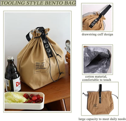Canvas Drawstring Lunch Bag Insulated Lunch Tote Japanese Style Bento Tote Bag Reusable Lunch Bag Insulated Handbag Tote bag with Handle and Drawstring Closure for Women Work Picnic or Travel(YELLOW)