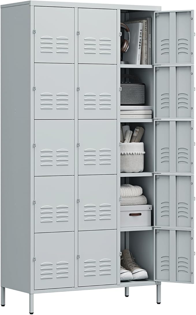 Letaya Metal Lockers for Employees-15 Door Storage Locker with Shelves and Lockable Steel Cabinet for School,Gym,Office,Staff(Grey, 15 Door)