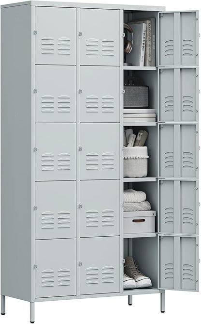 Letaya Metal Lockers for Employees-15 Door Storage Locker with Shelves and Lockable Steel Cabinet for School,Gym,Office,Staff(Grey, 15 Door)