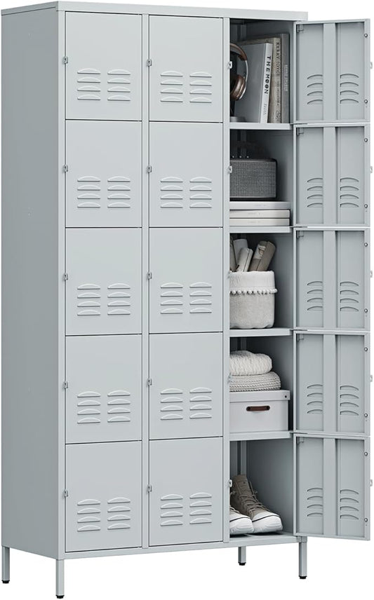 Letaya Metal Lockers for Employees-15 Door Storage Locker with Shelves and Lockable Steel Cabinet for School,Gym,Office,Staff(Grey, 15 Door)