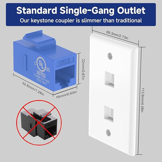VCE 2-Port Ethernet Wall Plate (UL-Listed), CAT6 Wall Plate and Jack, RJ45 Keystone Wall Outlet with Single Gang Low Voltage Mounting Bracket, Blue 6-Pack