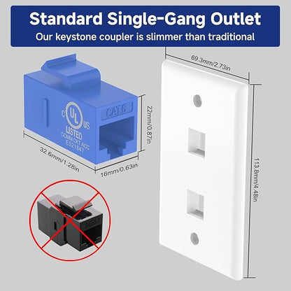 VCE 2-Port Ethernet Wall Plate (UL-Listed), CAT6 Wall Plate and Jack, RJ45 Keystone Wall Outlet with Single Gang Low Voltage Mounting Bracket, Blue 2-Pack