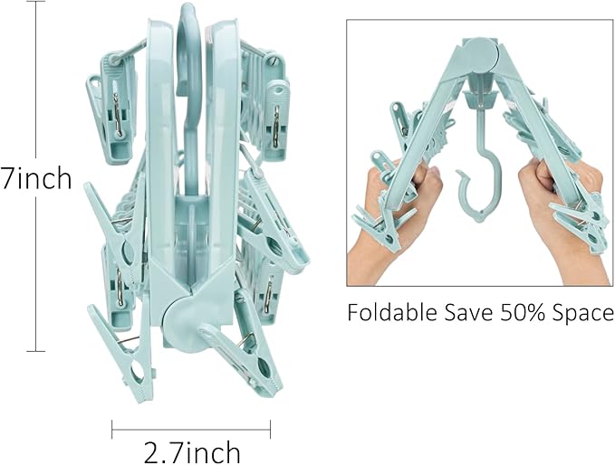 Foldable Clip Hangers with 26 Drying Clips, Underwear Hanger with Clips, Plastic Laundry Clip and Drip Drying Hanger for Socks, Bras, Lingerie, Clothes, Sturdy, Blue