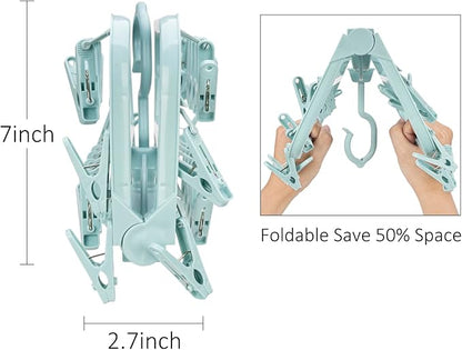 Foldable Clip Hangers with 26 Drying Clips, Underwear Hanger with Clips, Plastic Laundry Clip and Drip Drying Hanger for Socks, Bras, Lingerie, Clothes, Sturdy, Blue, 2pc