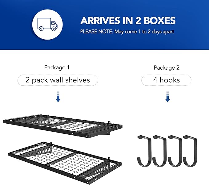 FLEXIMOUNTS 2 Pack 2x4ft Garage Storage with 4 Hooks 24x48 inch Bike Wall Shelving Rack, 660lbs Total Weight Capacity, Black, Pro Series
