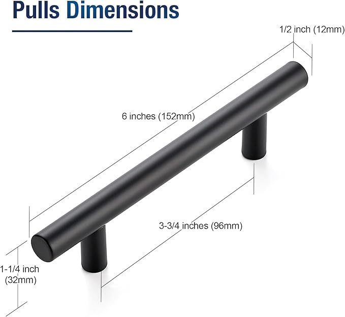 JOY DECOR 30 Pack 6 Inch Cabinet Pulls Kitchen Cabinet Handles with 3-3/4 Inch Hole Center Matte Black Cabinet Hardware Stainless Steel Kitchen Drawer Pulls for Cabinets Cupboard, 96mm Hole Centers