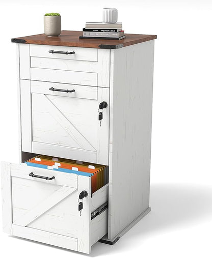 VINGLI 3 Drawer File Cabinet with Lock, Home Office Filing Organizer, for Letter Size File Folder Storage, Modern Farmhouse Style, Wood Vertical Filing Cabinet, Archivador (Rustic White & Brown)