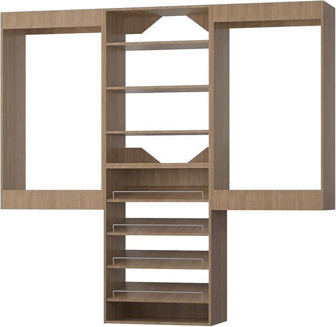 ROOMTEC Modular Closet System, 72" Wall Mounted Closet Organizer with Hanging Rods and Shoe Shelf, Wooden Tower for Walk-In Closets, Wardrobe Storage Kit, Wood