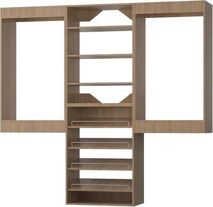 ROOMTEC Modular Closet System, 96" Wall Mounted Closet Organizer with Hanging Rods and Shoe Shelf, Wooden Tower for Walk-In Closets, Wardrobe Storage Kit, Wood