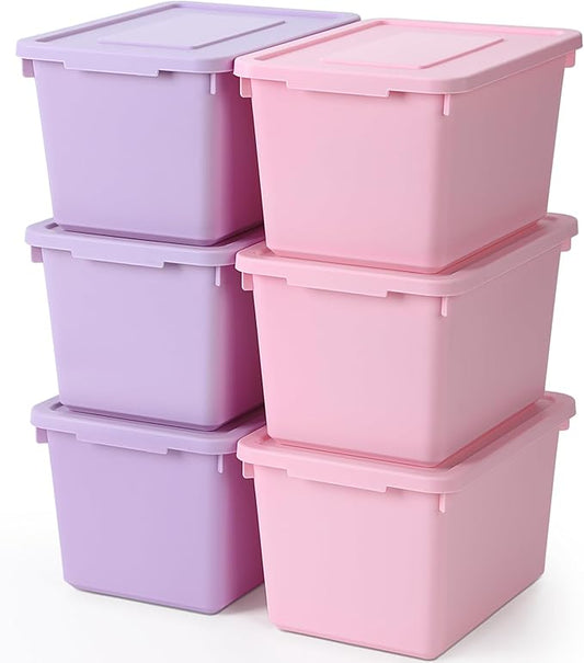 6 Pack Cute Plastic Storage Bins with Lids Decorative Stackable Storage Boxes 9.8" ×7.3" ×5.7" Small Storing Totes for Organizing Craft Office Supplies (Pink,Purple)