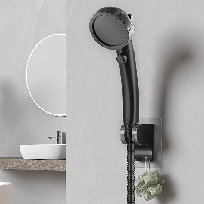 HANLIAN Strong Adhesive Handheld Shower Head Holder Without Drilling, 50° Adjustable Shower Wand Holder Wall Mount with Hooks, Waterproof Hand Held Showerhead Bracket with Hanger(Black, 1 Piece)