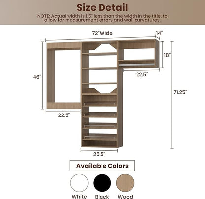 ROOMTEC Modular Closet System, 72" Wall Mounted Modern Closet Organizer with Hanging Rods and Shoe Shelf, Wooden Tower for Walk-In Closets, Wardrobe Storage Kit, Wood