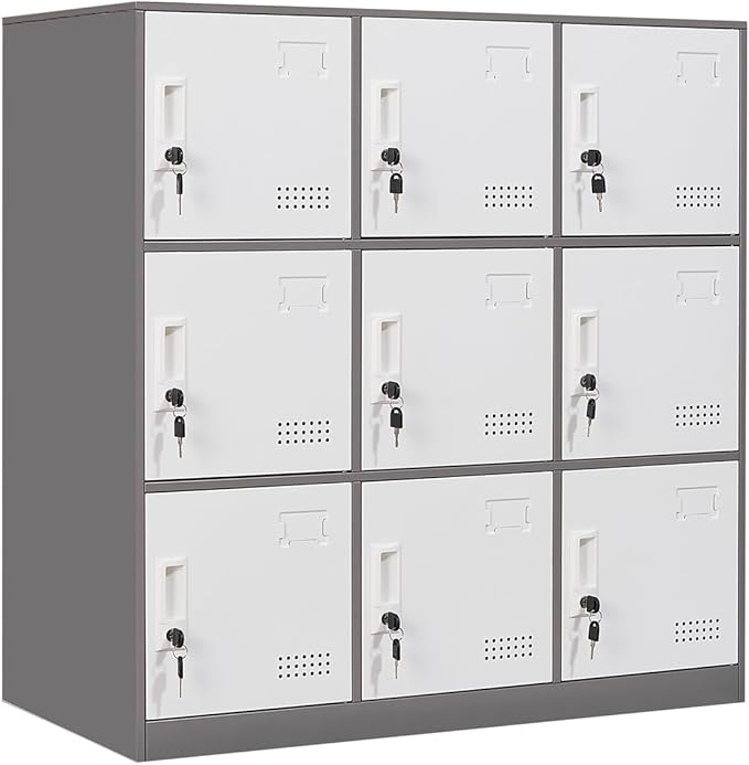 Student Locker Organizer, Multi-Door Steel Locker, Small Locking Cabinet Storage Organizer, Office File Cabinet, Home Locker, Gym Locker, Metal Storage Locker (9 Door, Grey & White)