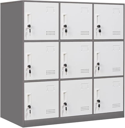 Student Locker Organizer, Multi-Door Steel Locker, Small Locking Cabinet Storage Organizer, Office File Cabinet, Home Locker, Gym Locker, Metal Storage Locker (9 Door, Grey & White)