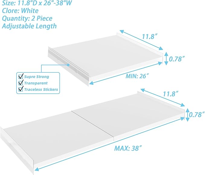 Expandable Closet Tension Shelves Organizers, Adjustable Shelf for Cabinet Rack Storage Wardrobe Divider Shelving for Pantry,2 Pack (White,11.8" D x 26"-38" W,2PCS)