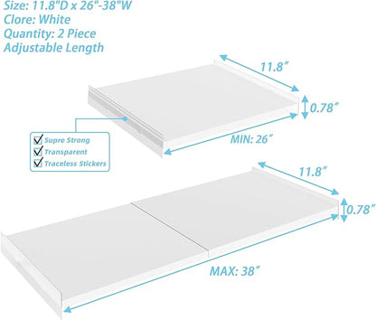 Expandable Closet Tension Shelves Organizers, Adjustable Shelf for Cabinet Rack Storage Wardrobe Divider Shelving for Pantry,2 Pack (White,11.8" D x 26"-38" W,2PCS)