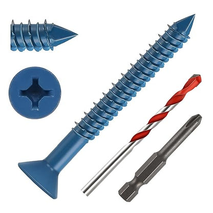 1/4" x 2-1/2" Concrete Screws, 50 PCS Blue Flat Head Concrete Screws Anchor Kit for Masonry, Cement, Block, Brick or Stucco