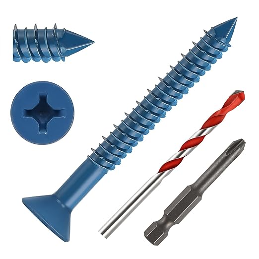 1/4" x 2-1/2" Concrete Screws, 50 PCS Blue Flat Head Concrete Screws Anchor Kit for Masonry, Cement, Block, Brick or Stucco