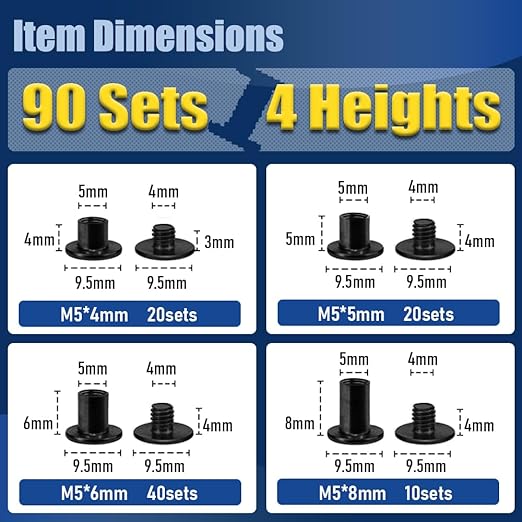 90 Sets Matte Black Chicago Screws for Leather, Leather Rivets Kit, 4 Sizes(M5x4,5,6,8mm)& 2 Screw Lengths (M4x3,4mm).,True Deep Black Chicago Screw for Belts and DIY Crafting