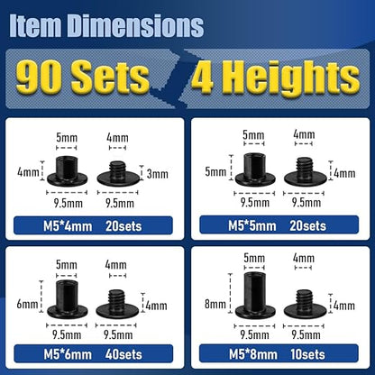 90 Sets Matte Black Chicago Screws for Leather, Leather Rivets Kit, 4 Sizes(M5x4,5,6,8mm)& 2 Screw Lengths (M4x3,4mm).,True Deep Black Chicago Screw for Belts and DIY Crafting