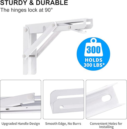 YUMORE Folding Shelf Brackets, 8 Inch Heavy Duty Collapsible Shelf Bracket, DIY L Bracket for Workbench Folding Table Hinge, Max Load: 300lb, White, 2 Pack