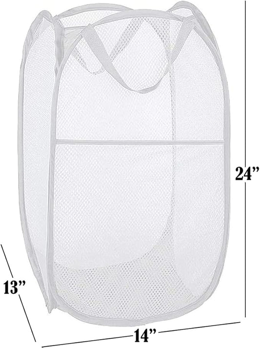 BATTOO Deluxe Strong Mesh Pop up Laundry Hamper Basket with Side Pocket for Laundry Room, Bathroom, Kids Room, College Dorm or Travel White