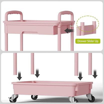 3 Tier Rolling Cart Organizer,Laundry Room Bathroom Organizers and Storage Office Shelves Mobile Shelving Unit Kitchen Trolley Cart with Wheels for Art,Craft,Diaper,Bedside,Snack(Pink)