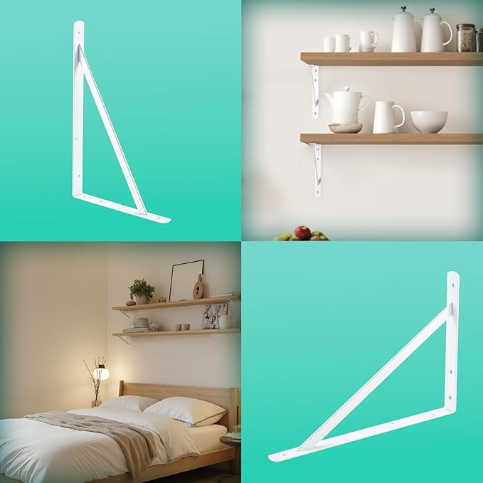 HOME MASTER HARDWARE 16x10 inch Heavy Duty Shelf Brackets, White Metal Wall Mounted Supports for Shelves, L Shaped Shelf Angle Bracket for Floating Shelves, 6 Pack