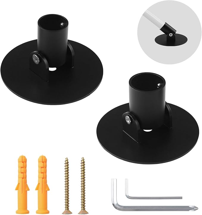 Adjustable Shower Curtain Rod Bracket, 2Pcs Different Sizes Titanium Steel Single Swivel Flange Heavy Duty Closet Rod Holder with Screws (Black, Inner Dia. 22mm & 26mm)