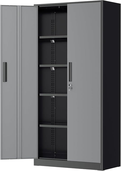 Greenvelly Metal Garage Storage Cabinet with Lock, 72”Metal Storage Cabinet with 2 Doors and 4 Adjustable Shelves, Steel Tool Cabinet for Garage,Home Office, School,Gym (Black Grey)