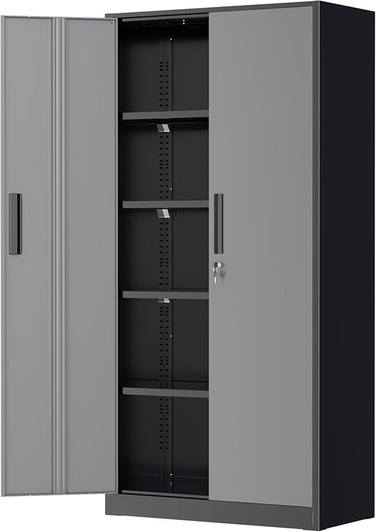 Greenvelly Metal Garage Storage Cabinet, 72" Black Gray Tool Steel Locking Cabinet with Doors and 4 Shelves, Tall Cabinets for Garage Storage Systems Lockable File Cabinet for Home Office,Garage