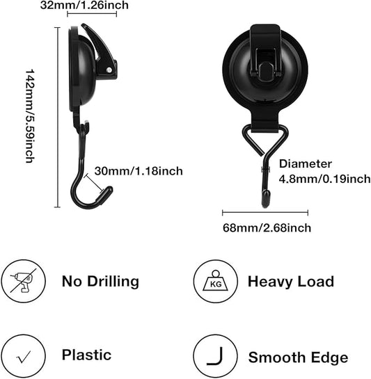 Heavy Duty Vacuum Wreath Cup Adhesive Hook,Hanging 13 lbs Robe Towel Hooks, Super Suction for Kitchen， Bathroom and Restroom (Shiny Black, 2Pack)