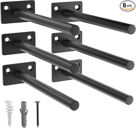 LEOPO Black 6-Pack 8 inch Floating Shelf Brackets, Hidden Shelf Bracket for Wood, Concealed Blind Shelving Support,Invisible Coated Brackets for DIY Decorative,Fit for Kitchen, Bathroom,Study Room