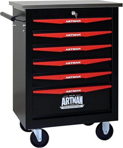 6-Drawer Rolling Tool Chest with Stainless Steel Countertop, Tool Chest with Secure Locking System, Mobile Storage Tool Cabinet with 360°Wheels and Padded Feet for Garage,Home (Black+Red)