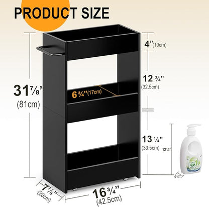 MARTY Wood Rolling Storage Cart 7.9" W, 3 Tier Slim Utility Kitchen Cart on Wheels Laundry Room Bathroom Organizers Narrow Shelves with Handle Mobile Shelving Unit for Small Places, Black
