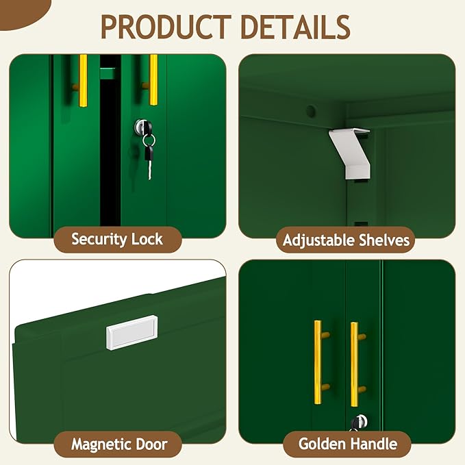 35" Metal Storage Cabinet with Lock and Wheels, Lockable Office File Cabinet with 2 Doors and 2 Adjustable Shelves, Rolling Steel Tool Garage Cabinets for Home Office (Green)