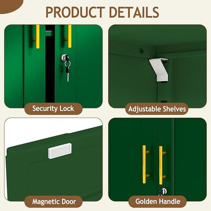 35" Metal Storage Cabinet with Lock and Wheels, Lockable Office File Cabinet with 2 Doors and 2 Adjustable Shelves, Rolling Steel Tool Garage Cabinets for Home Office (Green)