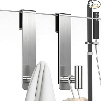 PMMASTO Shower Door Hooks, (7.5 Inch) Extended Towel Hooks for Bathroom Frameless Glass Shower Door, Stainless Steel Heavy Duty Hooks (Silver, T Shape-Fits 3/8" Thick Door)