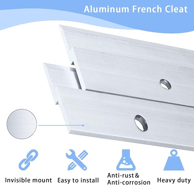 12 Inch French Cleat Hanger, Aluminum French Cleat, Mirror Hanging Hardware, French Cleat Heavy Duty for Panel, Whiteboard, Cabinet, Shelf, Headboard, Art (2 Pairs, Support 80lbs)