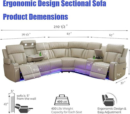 Power Reclining Sectional Sofa, L-Shaped Living Room Furniture Set, Light Brown Leather Recliner Sofa, Reclining Sectional Couch with LED/Storage Console/Cup Holder/USB/Type C for Office/Home