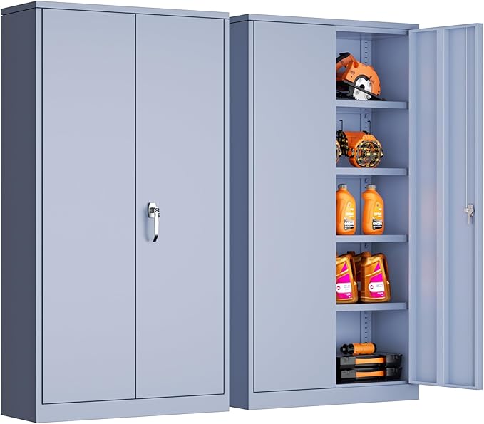 Bonusall Tool Garage Cabinet with Lock, 2 Doors Metal Storage Cabinets with 4 Adjustable Shelves, Lockable Steel Cabinet for Home Office, Warehouse，School(Cement Grey)