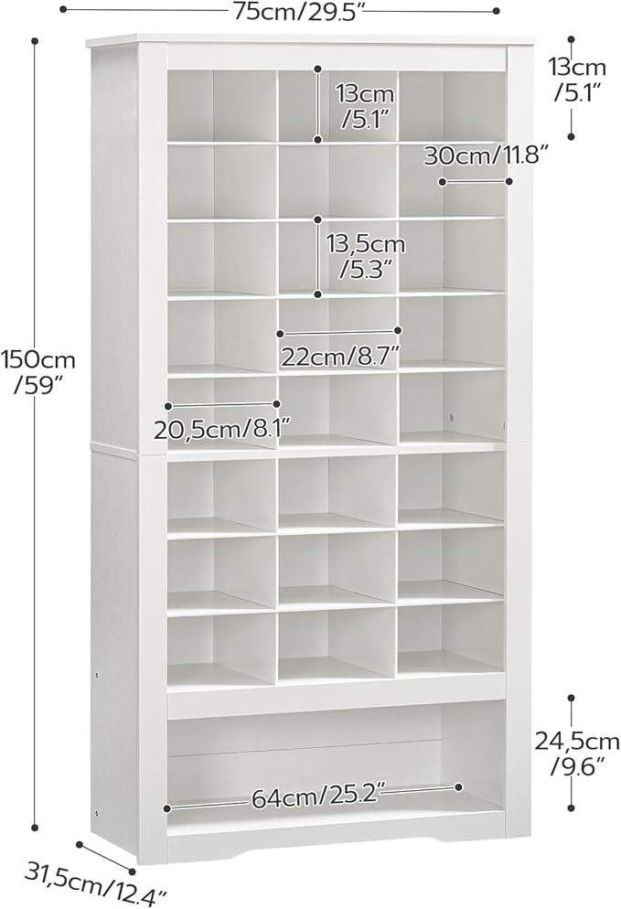 HOOBRO Tall Shoe Cabinet, 9 Tier Shoe Storage Cabinet, Freestanding Wooden Shoe Cabinet Organizer with 24 Cubbies and 3 Hooks, for Entryway, Closet, Living Room, White WT24SC01